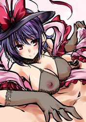 blue_hair blush bra breasts cum_through_clothes female fishnet_gloves gloves handjob handjob_over_clothes hat hemogurobin_a1c iku_nagae nipples penis red_eyes see-through shawl sheer short_hair solo_focus touhou underwear