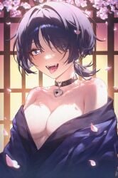 :d armpit_crease bare_shoulders black_choker black_collar blue_skin blue_tongue blush breasts brown_eyes brown_hair brown_kimono cherry_blossoms choker cleavage collar collarbone colored_skin colored_tongue earrings eyelashes eyes_visible_through_hair falling_petals fangs female flower forked_tongue genderswap_(mtf) genshin_impact hair_between_eyes hair_intakes hair_over_one_eye heart heart-shaped_lock heart-shaped_pupils heart_choker heart_collar heart_o-ring heart_pendant impact) indoors japanese_clothes jewelry kimono large_breasts lock long_hair long_sleeves looking_at_viewer low_ponytail makeup medium_breasts medium_hair ministro no_bra o-ring o-ring_choker off_shoulder open_clothes open_kimono open_mouth padlock pale_skin parted_bangs petals piercing pink_flower ponytail purple_tongue red_eyes red_hair red_kimono rule_63 saliva scaramouche_(genshin scaramouche_(genshin_impact) self_upload short_hair short_ponytail sidelocks sliding_doors smile solo symbol-shaped_pupils teeth tongue tongue_out tongue_piercing upper_body upper_teeth_only white_skin window yellow_eyes
