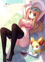 1pokemon 2girls alternate_breast_size arm_behind_head arms_up bad_id beach beach_towel big_breasts bikini bikini_pull black_legwear blonde_hair blush bottomless breasts brown_eyes collarbone double_bun fennekin footprints green_eyes hat hat_removed headwear_removed highres human human_only large_breasts long_hair looking_at_viewer lotion midriff mouth_hold multiple_girls navel nintendo on_back open_mouth pillow pink_bikini poke_ball pokemon pokemon_(species) pokemon_bw2 pokemon_xy puffy_nipples pussy ririko_(zhuoyandesailaer) rosa_(pokemon) serena_(pokemon) serena_(pokemon_games) shadow sunbeam sunglasses sunglasses_on_head sunlight sunscreen swimsuit thighhighs thighs tied_hair topless towel twintails uncensored underwear undressing vagina