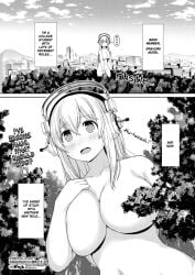 bare_back bare_legs barefoot belly_button big_breasts black_and_white breasts breasts_out city cityscape convenient_censoring giantess gigantic_ass gigantic_breasts gigantic_thighs headphones long_hair manga manga_page naked naked_female navel nervous nitroplus nude nude_female official_art outdoors outside pillow small_clothes super_sonico tree tummy walking