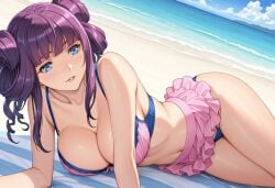 ai_generated beach bikini blue_eyes blue_panties blush breasts castlevania castlevania:_portrait_of_ruin double_bun drill_hair female hime_cut huge_breasts large_breasts looking_at_viewer looking_away lying lying_on_side miniskirt pale-skinned_female pale_skin pink_bra purple_hair stella_lecarde thighs tied_hair voluptuous voluptuous_female