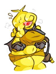 big_ass big_breasts blush bow_(weapon_ball_battles) looking_away moyopoto3 notmoyo pulling_up_shirt shorts thick_thighs weapon_ball_battles wide_hips yellow_skin