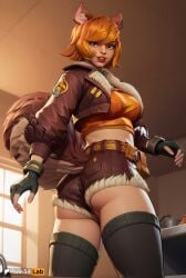 1girls ai_generated animal_ears artist_name ass black_gloves black_thighhighs breasts brown_hair brown_jacket brown_shorts crop_top cropped_jacket fingerless_gloves from_behind fur-trimmed_jacket fur_trim gloves green_eyes hi_res indoors jacket lips lipstick looking_at_viewer looking_back makeup marvel marvel_rivals medium_breasts midriff open_clothes open_jacket orange_hair pussy rule34lab short_hair short_shorts shorts smile solo squirrel_ears squirrel_girl squirrel_girl_(marvel) squirrel_girl_(marvel_rivals) squirrel_tail tail thighhighs uncensored