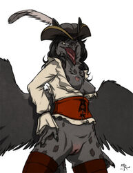 avian blush boots bottomless breasts female gryphon hat kaji open_mouth open_shirt pirate plain_background pussy solo thigh_high_boots white_background