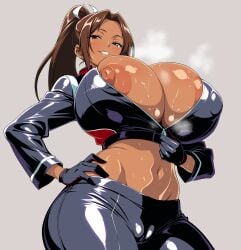 1female 1girls :> artist_name belly_button black_gloves black_jacket black_pants blush blushing_at_viewer blushing_female boots breasts brown_eyes brown_hair brown_skin cleavage dark-skinned_female dark_skin exposed_nipples fatal_fury fatal_fury:_city_of_the_wolves female female_only full_body gloves hand_fan hand_on_own_hip high_heel_boots high_heels huge_breasts huge_nipples jabara_tornado jacket large_areolae large_breasts latex latex_boots latex_jacket latex_pants latex_shirt long_hair looking_at_viewer mai_shiranui mai_shiranui_(city_of_the_wolves) midriff navel nipple_slip nipples no_bra open_clothes open_jacket pants ponytail puffy_nipples signature skin_tight smile smiling smiling_at_viewer snk solo solo_female solo_focus standing street_fighter street_fighter_6 sweat tan_body tanned tanned_female tanned_skin thick_thighs thighs unzipping zipper