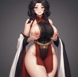 ai_generated asian_female braided_hair curvy holding_breasts_up large_breasts may_autumn oc original_character partially_clothed perfect_boobs povlust temple_of_lust thick_hips traditional_clothes