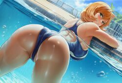 ai_generated air_bubble alternate_breast_size aqua_eyes arm_rest ass ass_focus back back_cutout bare_arms bare_shoulders bent_over blue_eyes blue_one-piece_swimsuit blue_sky blue_swimsuit blush breasts bubble clothing clothing_cutout cloud competition_swimsuit day female fence from_behind green_eyes highleg highleg_swimsuit kasumi_(pokemon) large_breasts leaning_forward looking_at_viewer looking_back misty_(pokemon_hgss) one-piece_swimsuit orange_hair outdoors partially_submerged partially_visible_vulva pokemon pool pool_ladder poolside shiny_skin short_hair shoulder_blades sideboob sky smile solo swimsuit tank_suit thighs tree water water_drop wedgie wet wet_swimsuit
