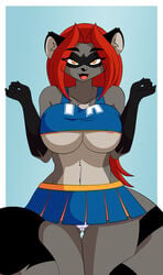 anthro areola big_breasts breast_squish breasts cameltoe cheerleader clothing davin edit female fur furry grey_fur hair hi_res las_lindas long_hair open_eyes open_mouth raccoon red_hair rule_63 shirt skirt tongue underboob yellow_eyes