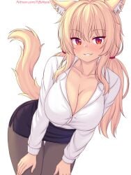 1girls :3 big_breasts blonde_hair cat_ears cat_tail catgirl cleavage female long_hair looking_at_viewer office_clothing office_lady original patreon patreon_username red_eyes skirt tiffy tiffynyaa twintails