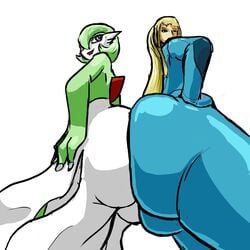 2girls ass big_ass blonde_hair crossover dat_ass female gardevoir green_hair hair hands_on_hips huge_ass metroid multiple_girls nintendo oniontrain pink_eyes pokémon_(species) pokemon pokemon_(species) ponytail samus_aran short_hair smile tied_hair