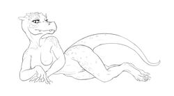 anthro bedroom_eyes breasts claws fangs female kobold line_art looking_at_viewer lying nipples nude plain_background pussy scales scalie serpentine-drifter solo waywardkobold wide_hips