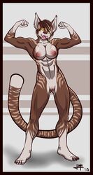 abs anthro biceps breasts castbound claws feline female female_only fur furry hindpaw lynx muscles muscular_female nipples nude paws pose presenting pussy sabertooth solo strypes toes tongue