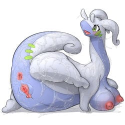 anus big_clit breasts censored chubby dragon female flucra goo goodra green_eyes inverted_nipples nintendo nipples plain_background pokemon pokemon_(species) pussy thick_thighs video_games white_background