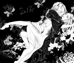 2girls breast_press breasts copyright_request cowgirl_position fangs female flower full_body japanese_clothes kimono kissing long_hair looking_at_viewer lying monochrome multiple_girls nipples rose slit_pupils spider_lily symmetrical_docking tabi tongue yoshii yuri