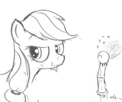 2013 applejack_(mlp) ball_with_hyper_features black_and_white cum cum_on_face duo equine female feral freckles friendship_is_magic hair heart horse horsecock hyper hyper_penis male monochrome my_little_pony neko-me parasprite_(mlp) penis pony vein