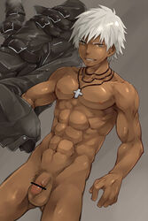 1boy abs censored cross cross_necklace dark_skin ebitendon flaccid male male_only muscle nude penis pubic_hair solo tagme testicles torakichi_(ebitendon) white_hair