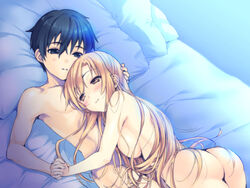 1boy 1girls after_sex arm armpits arms ass back bare_shoulders bed black_eyes black_hair blush breast_press breasts brown_eyes brown_hair couple cowgirl_position female hand_holding hug husband_and_wife indoors inside interlocked_fingers kirigaya_kazuto kirito light-skinned_female light-skinned_male light_skin long_hair love lying male nude on_back pillow room short_hair sideboob smile sword_art_online sword_art_online:_fairy_dance uk-works wholesome yuuki_asuna