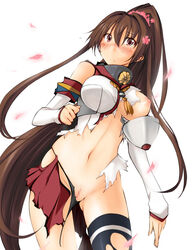 black_legwear black_panties blush breasts brown_eyes brown_hair censored cherry_blossoms female flower frown full-face_blush hair_flower hair_ornament kaminagi-tei kantai_collection large_breasts long_hair panties petals pixelated pleated_skirt ponytail pussy simple_background single_thighhigh skirt solo thighhighs tied_hair torn_clothes torn_panties torn_shirt torn_skirt underwear very_long_hair wardrobe_malfunction white_background yamato_(kantai_collection)