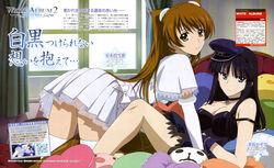 2girls all_fours arm arm_support bare_shoulders bed black_dress black_gloves black_hair blue_eyes breasts brown_hair capelet choker cleavage cowgirl_position curtains dress elbow_gloves female gloves hat highres hime_cut idol indoors inside legs looking_at_viewer looking_back lying mizukami_rondo multiple_girls official_art ogiso_setsuna on_back police_hat room scan serious skirt smile strap_slip stuffed stuffed_animal thighhighs tied_hair touma_kazusa twintails white_album_(series) white_album_2 white_dress white_gloves window yellow_eyes yuri