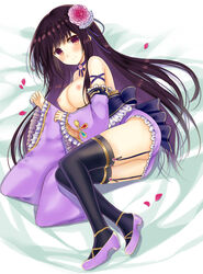 black_hair blush breasts breasts_out brown_eyes female hair_ornament long_hair looking_at_viewer lying nipples on_side original smile solo thighhighs yuuki_rika