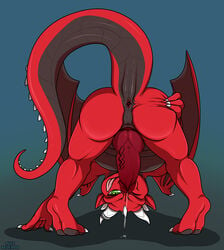 1boy anus ass dragon erection green_eyes horn looking_at_viewer male male_only muzz penis presenting presenting_hindquarters red_dragon solo spreading vein wings