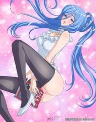 aoki_hagane_no_arpeggio apron bare_shoulders black_legwear blue_eyes blue_hair blush book breasts clothed_masturbation clothing dress female ginko_(silver_fox) long_hair looking_at_viewer masturbation mole mole_under_mouth open_mouth pantyhose pantyhose_pull ponytail pussy pussy_juice smile solo takao_(aoki_hagane_no_arpeggio) tied_hair uncensored