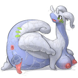 1futa anus balls breasts censored chubby dickgirl dragon flucra futanari goo goodra green_eyes intersex inverted_nipples nintendo nipples penis plain_background pokemon pokemon_(species) solo thick_thighs video_games white_background