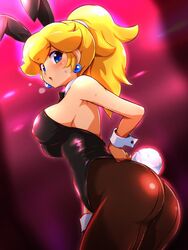 1girls alternate_costume ass blonde_hair blue_eyes bunny_ears bunnysuit cleavage dat_ass earrings female female_only fully_clothed human konpeto leotard mario_(series) nintendo ponytail princess_peach solo