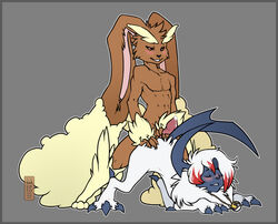 1boy absol ambiguous_gender anthro anthro_on_feral biting_lip blush closed_eyes cum digitigrade feral interspecies lagomorph lopunny male male_lopunny male_pokemon mise muscles nintendo penis poke_ball pokemon pokemon_(species) precum rabbit red_eyes video_games zoophilia