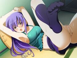 armpits arms_up ass blush breasts censored feet female futaba_kutsuki game_cg green_green highres legs long_hair looking_at_viewer lying medium_breasts midriff navel open_mouth pillow purple_hair pussy red_eyes socks spread_legs thighs toes wet