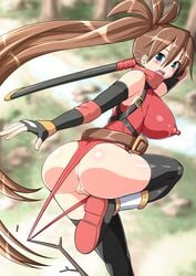 anus ass bare_shoulders blue_eyes branch breasts brown_hair erect_nipples fingerless_gloves gloves leotard_pull long_hair open_mouth original otoi_rekomaru pussy sweatdrop sword thighhighs uncensored weapon