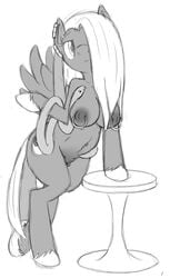 anthro big_breasts black_and_white breasts cutie_mark ear_piercing equine female genital_piercing hair highlight_silver horse long_hair monochrome my_little_pony navel nipple_piercing nipples original_character pegasus piercing plain_background pussy reptile scalie sketch snake solo table tg-0 white_background wings