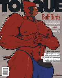 abs avian biceps big_penis bird english_text half-erect magazine_cover male male_only muscles pecs penis pulsar solo text thing