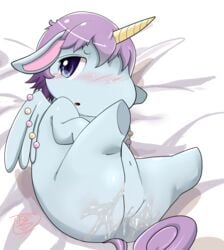 1girls ass barefoot blue_eyes blush cum cum_on_ass equine female female_only feral hair hi_res horn jewelpet jewelpet_(species) juice k_m_art__ messy navel nude opal_(jewelpet) open_mouth pegasus presenting presenting_pussy purple_eyes purple_hair pussy raised_leg short_hair solo spread_legs spreading tongue wings young