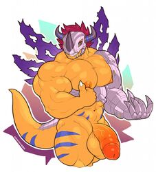 anthro balls bara blue_eyes cyborg digimon male_only metalgreymon muscles nipples penis scalie solo sxf-pantera sxfpantera