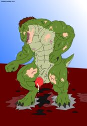 2013 abs anthro balls biceps big_muscles claws clothing cum dinosaur erection fangs flexing hair human male male_only maxime-jeanne muscles nipples nude open_mouth pecs penis pose reptile ripped scales scalie solo standing sweat theropod topless transformation tyrannosaurus_rex vein