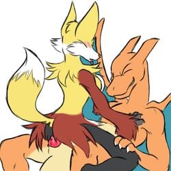 anthro blush breasts canine charizard delphox dragon female fennec fox fur furry lizardon mahoxy male nintendo orange_skin penis pokemon pokemon_(species) sex video_games yellow_fur