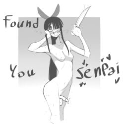 1girl bottomless fake_animal_ears futanari hair_over_one_eye kinky_rat knife large_penis nude small_breasts small_penis solo yandere