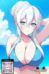 ai_generated arm_behind_head armpits bangs bare_shoulders beach bikini blue_bikini blue_eyes blue_sky blue_swimsuit blush breasts clavicle cleavage closed_mouth clothing cloud day female female hair_between_eyes hair_bun large_breasts littlehentai long_hair looking_at_viewer navel ocean outdoors ponytail savitar savitar_(artist) sidelocks single_hair_bun sky smile solo swimsuit tied_hair upper_body water white_hair