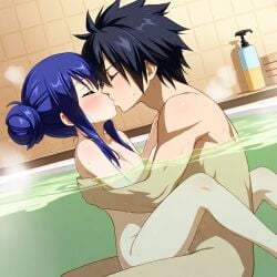 1boy ai_generated black_hair blue_hair couple couple_(romantic) fairy_tail female gray_fullbuster naked petite_girl sex small_breasts wendy_marvell