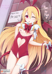 1girls bat_wings blonde_hair blush bow breasts crotchless disgaea earrings english female flonne flonne_(fallen_angel) heart heart_cutout heart_earrings long_hair navel nipples patreon_username piercing pointy_ears prostitution pubic_cutout pussy red_eyes revealing_clothes small_breasts solo tail thigh_strap vahn_yourdoom wink