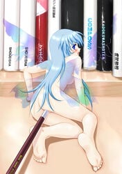 ass barefoot blue_eyes blue_hair blush book fairy feet female long_hair minigirl nude pen penetration quiz_nanairo_dreams solo takano_hayato toes vaginal_penetration wings yousei_(quiz_nanairo_dreams)