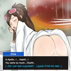 2d apollo_justice ass bent_over blush blush brown_hair capcom closed_eyes cum cum_in_ass cum_in_pussy dialogue dialogue_box ema_skye green_eyes gyakuten_saiban gyakuten_saiban_4 jyga97 open_mouth pleasure_face pleasured scientist sex_from_behind sweat sweatdrop sweaty sweaty_butt sweaty_face tongue video_games white_coat white_skin