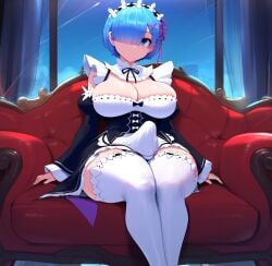 1girls armchair blue_eyes blue_hair breasts bulge_through_clothing chair cleavage closed_mouth crossed_legs detached_sleeves dress futanari hair_ornament hair_over_one_eye huge_breasts large_breasts looking_at_viewer maid maid_headdress pink_ribbon rem_(re:zero) ribbon roswaal_mansion_maid_uniform short_hair sitting smile solo thighhighs thighs white_legwear x_hair_ornament