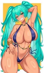 1girls absurd_res ass beads big_ass big_breasts big_thighs bikini brazil brazilian brazilian_female brazilian_miku breasts cyan_eyes cyan_hair female female_only hatsune_miku hi_res huge_ass huge_thighs latin_american_hatsune_miku_(meme) long_hair looking_at_viewer nez-box solo tan tan_body thick_hips thick_thighs thighs twintails vocaloid waist_beads