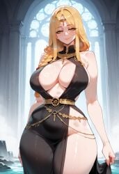 1girls ai_generated bare_arms bare_legs bare_shoulders bare_thighs big_breasts blonde_hair clothed clothing color elden_ring female female_focus female_only fromsoftware hi_res inner_sideboob large_breasts light-skinned_female light_skin long_hair looking_at_viewer no_bra queen_marika_the_eternal randoai solo solo_female thick_thighs yellow_eyes