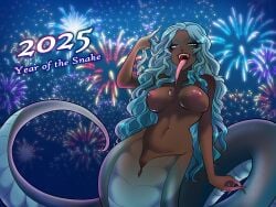 1girls blue_eyes blue_hair dark_skin fireworks happy_new_year lamia long_tongue monster_girl night snake_girl topless