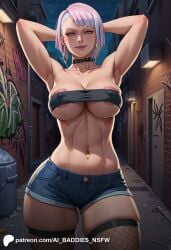 ai_assisted ai_baddies ai_generated ai_hands alley alleyway areola areolae ass belly_button big_breasts big_breasts bob_cut breasts choker city city_background collar commission curvy curvy_female curvy_figure curvy_hips cybernetics cyberpunk cyberpunk:_edgerunners cyberpunk_(series) cyberpunk_2077 denim_shorts drawn earrings female fishnet_legwear fishnet_stockings fishnets fit_female gradient_hair green_eyes high_resolution highres hoop_earrings hoop_earrings_oversized huge_breasts large_breasts light-skinned_female light_skin lucy_(cyberpunk) lucyna_kushinada massive_breasts naval_piercing night nipples patreon patreon_logo patreon_url patreon_username short_hair slutty_clothing slutty_outfit thick_thighs thighs tubetop urban voluptuous voluptuous_female white_hair