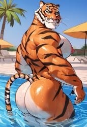 1boy ai_generated anthro ass bara bara_ass big_ass big_butt big_pecs fortnite fortnite:_battle_royale furry looking_at_viewer looking_back_at_viewer male_only muscular muscular_male oscar_(fortnite) pecs pool solo tiger wet