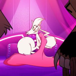 angel_dust_(hazbin_hotel) big_ass big_breasts edited_image hazbin_hotel japansadface long_penis penis_under_blanket pink_sheets pink_stripes porn_studio skinny_waist smug_face teasing_viewer white_fur white_hair